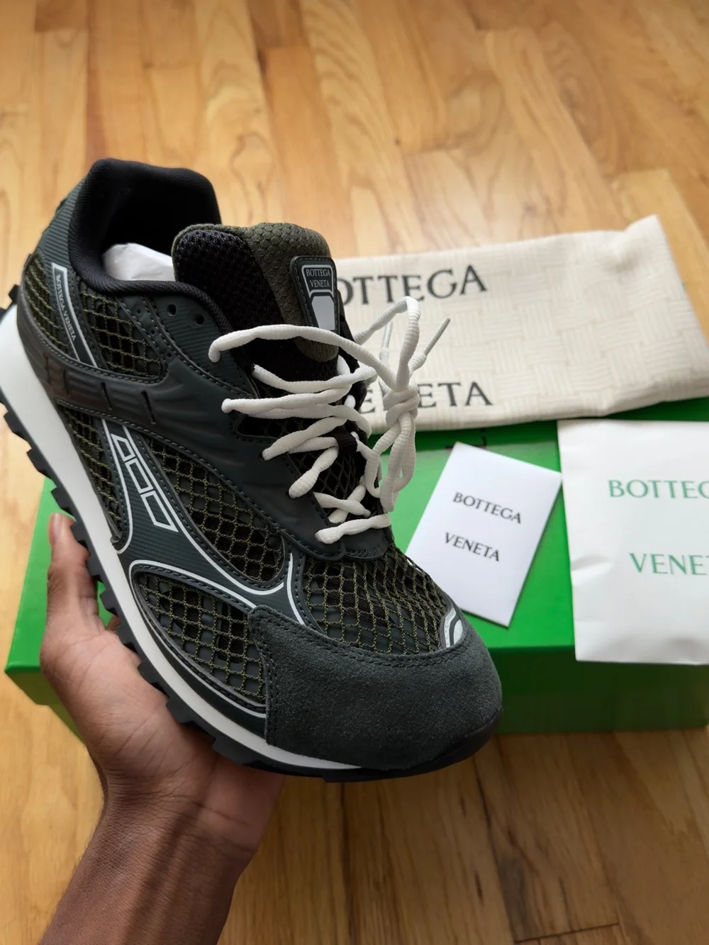 Bottega Veneta Black and Olive Green Men's Mesh Runner